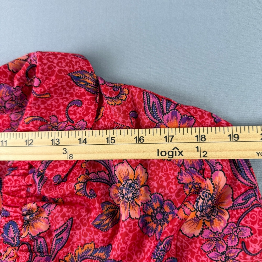 Free People Crop Top L Floral Ruched Blouse Red Pink Boho Bright Slip Smocked - Picture 7 of 16
